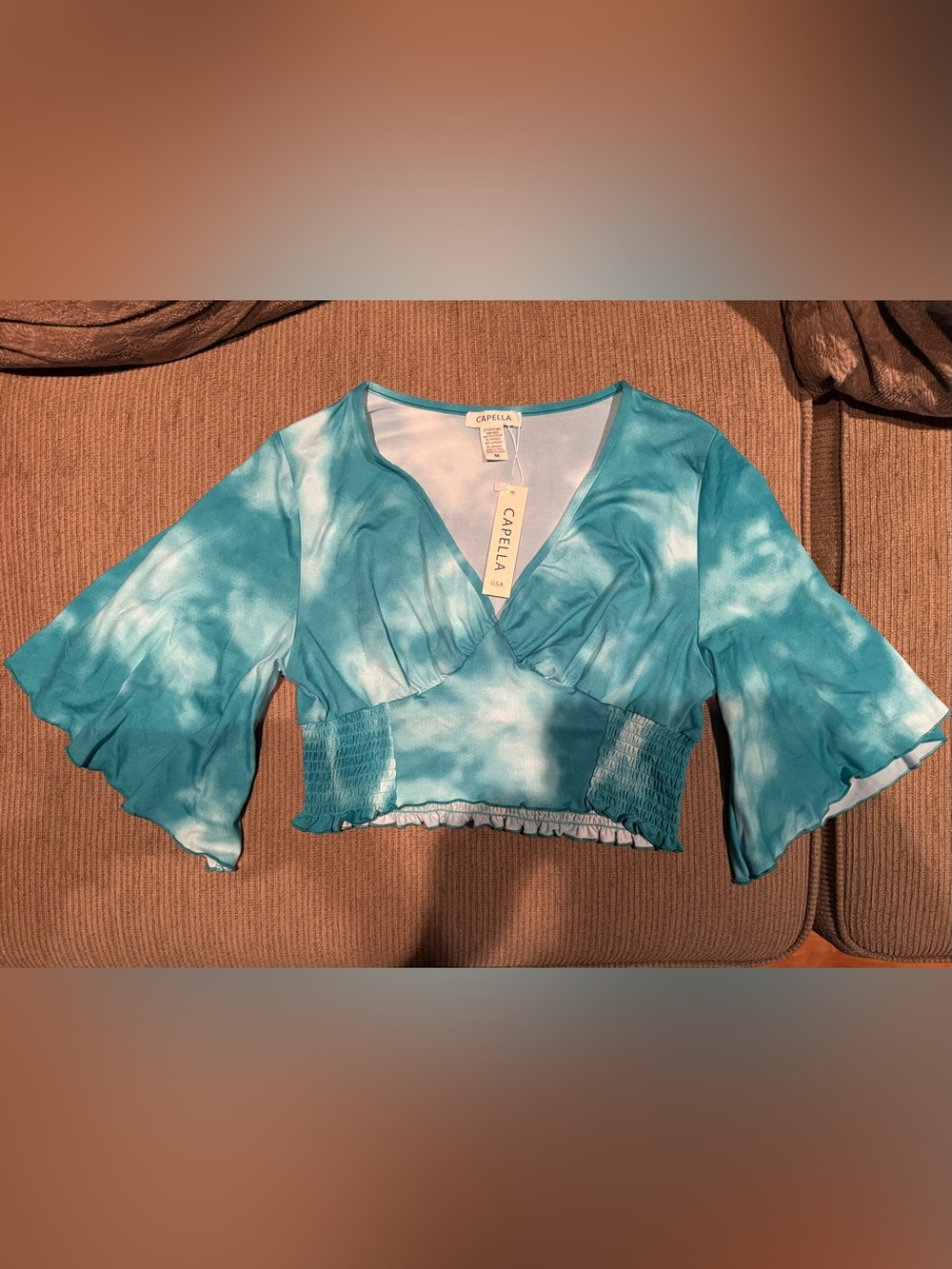 Women's Turquoise Tie-Dye V-Neck Cropped Top